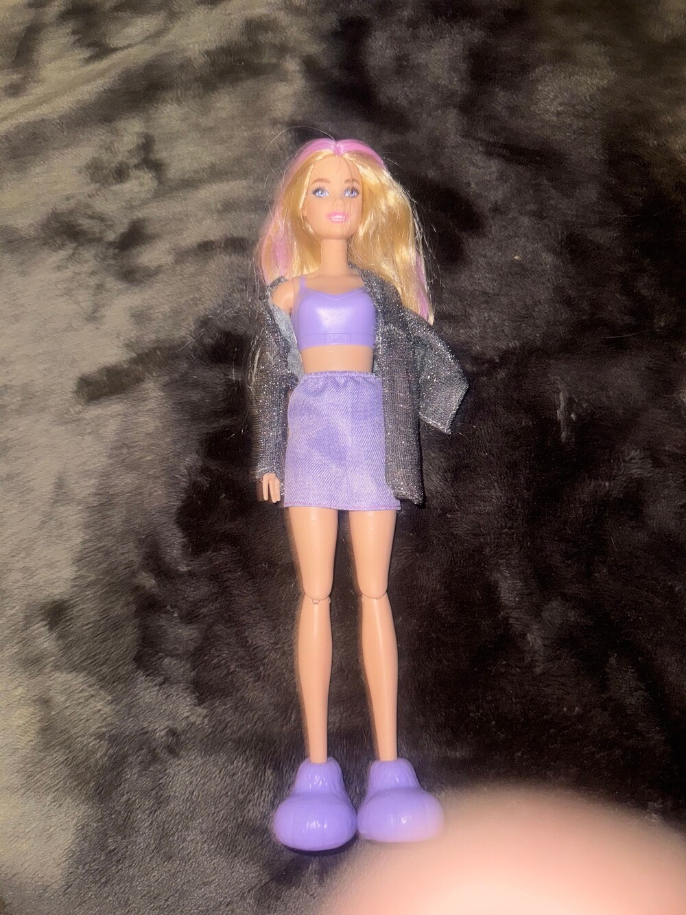 Barbie Fashion Doll Purple Outfit Pink Hair Streak Purple Slippers